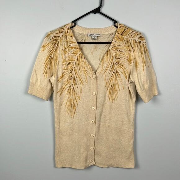 Pendleton Sweaters - Pendleton cotton wheat patterned knit short sleeved button-down cardigan